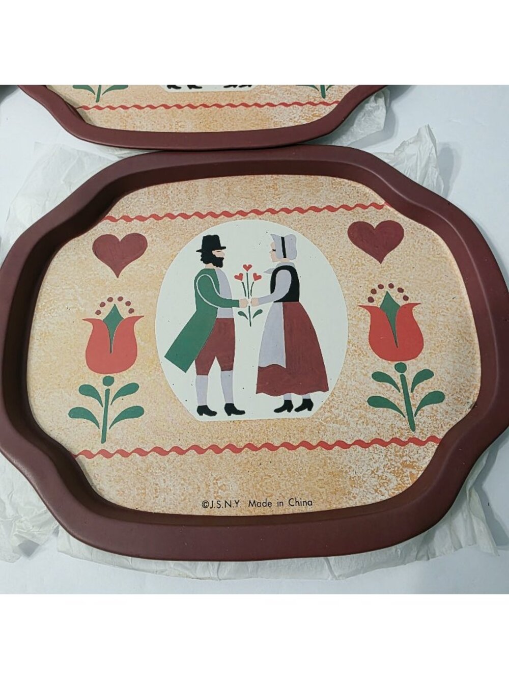 4 Vtg Small Metal Snack Trays Courtship Pattern Cottage Country Core